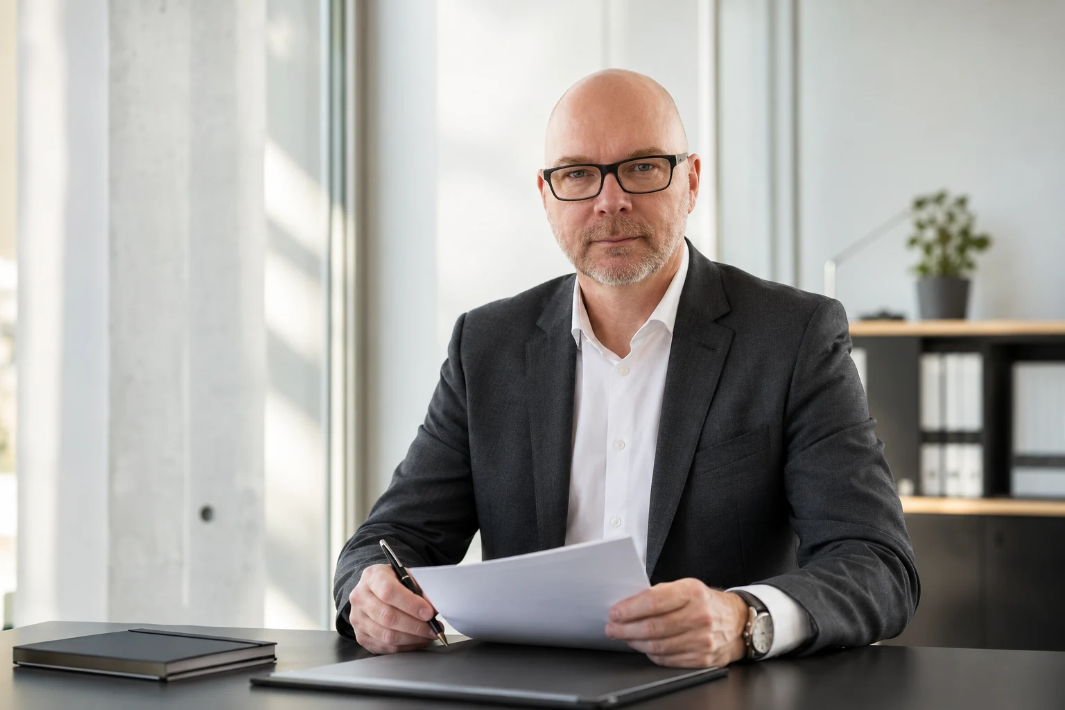 Freundliches professionelles Porträt von Stefan Budde-Siegel VDI bei der Durchsicht von Unterlagen